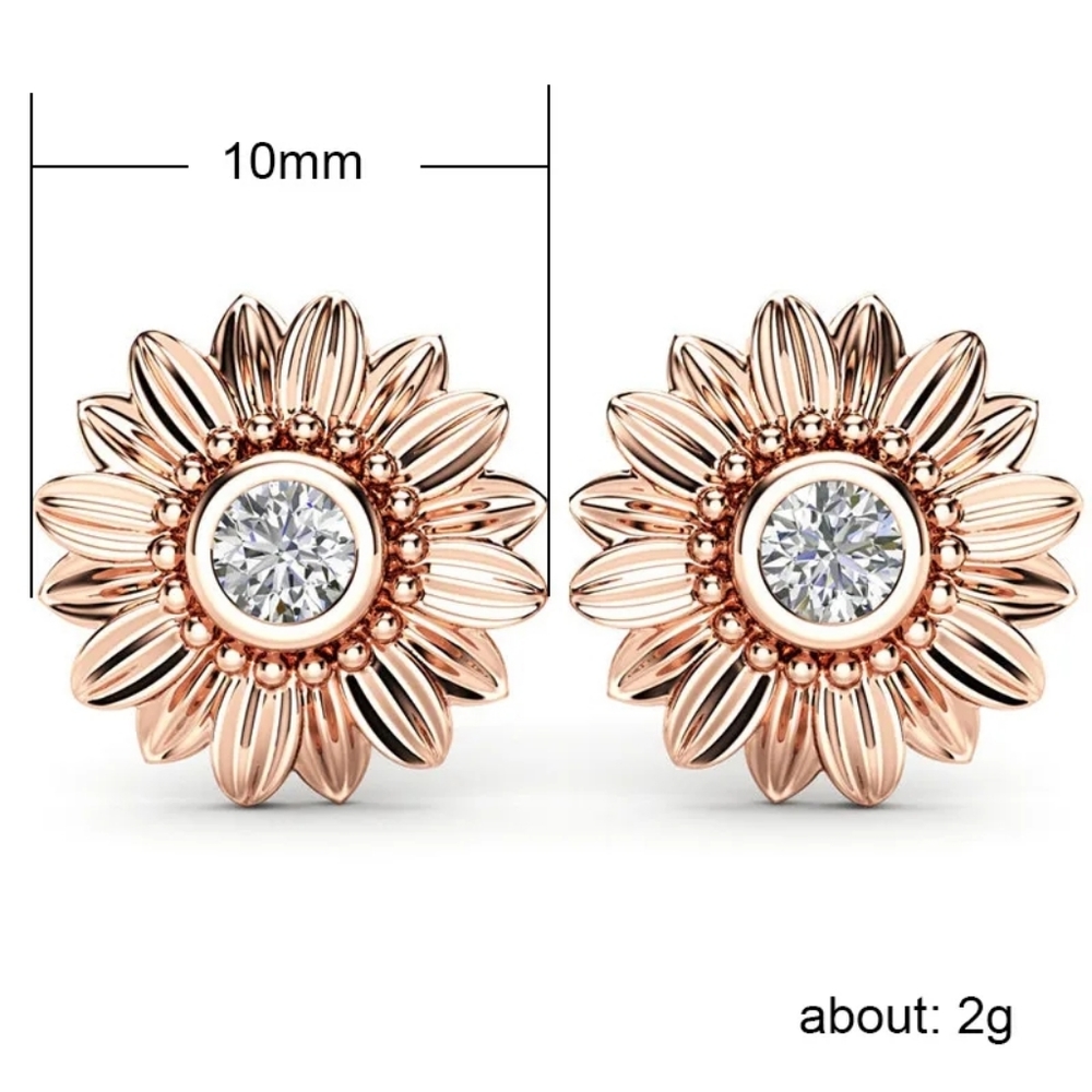 **18k** Yellow & Rose Gold Silver Diamond Sunflower Stud Earrings - Picture 3 of 7